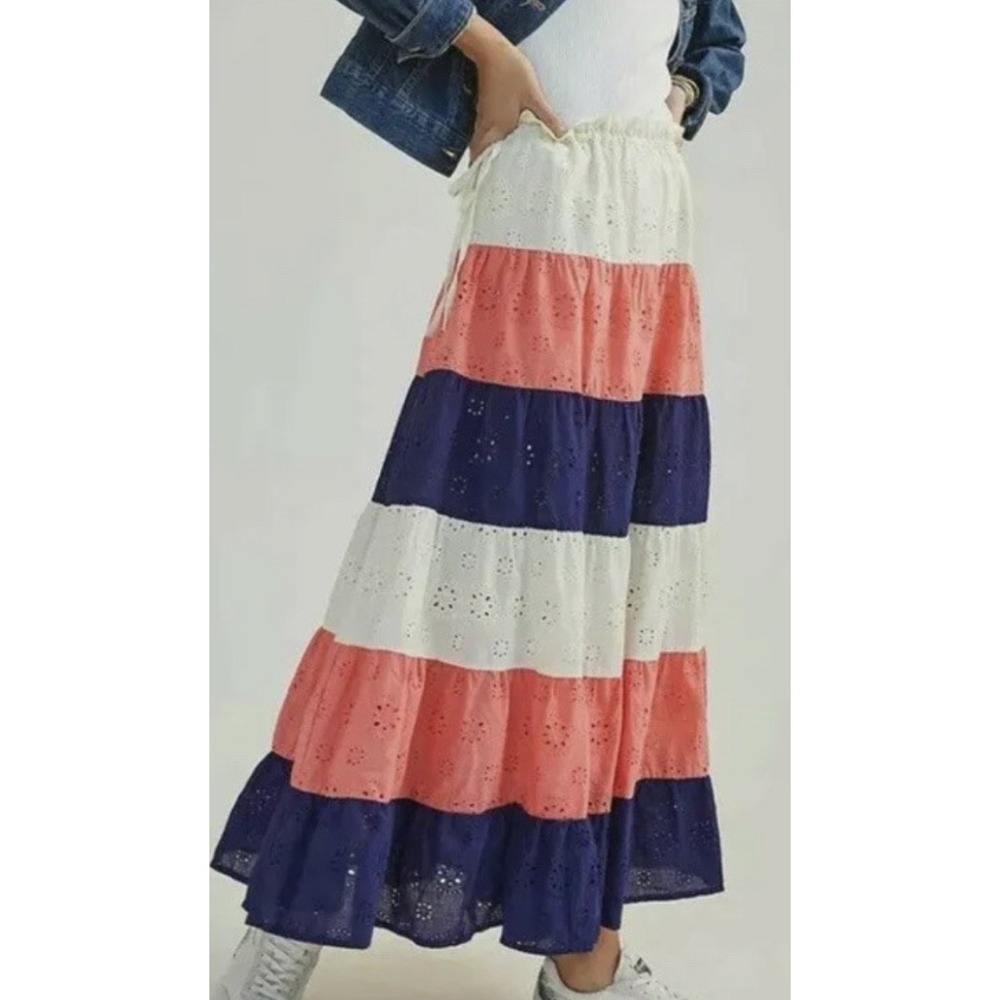 Hutch Anthropologie Tiered Eyelet Orange/Blue Maxi Skirt Womens Size S Excellent